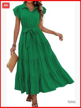 Maxi Dress with Pockets, V-Neck, Ruffle Sleeves, Tiered Hem, Belted